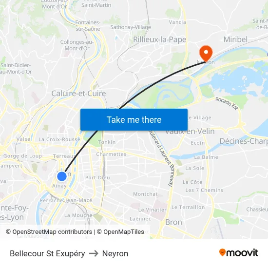 Bellecour St Exupéry to Neyron map
