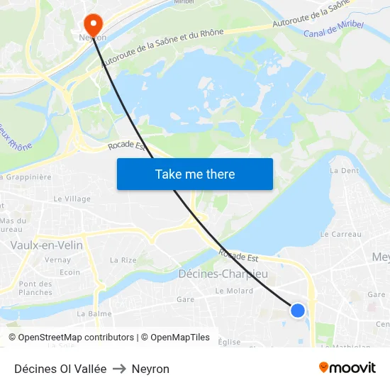 Décines Ol Vallée to Neyron map