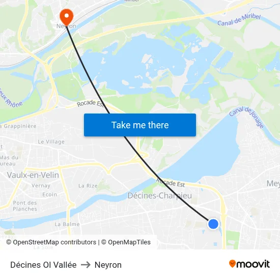 Décines Ol Vallée to Neyron map