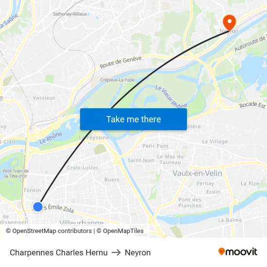Charpennes Charles Hernu to Neyron map