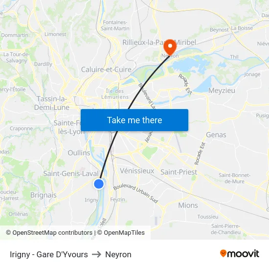 Irigny - Gare D'Yvours to Neyron map