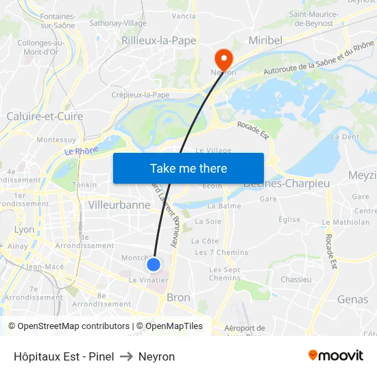 Hôpitaux Est - Pinel to Neyron map