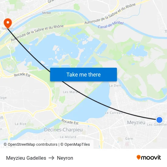 Meyzieu Gadelles to Neyron map