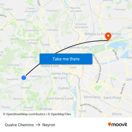 Quatre Chemins to Neyron map