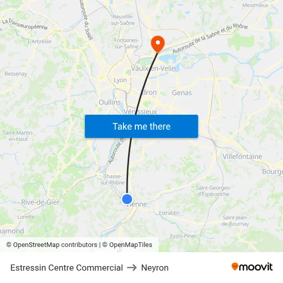 Estressin Centre Commercial to Neyron map