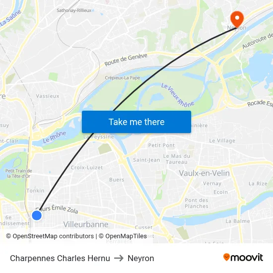 Charpennes Charles Hernu to Neyron map