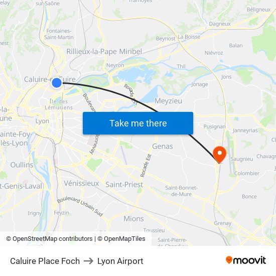 Caluire Place Foch to Lyon Airport map