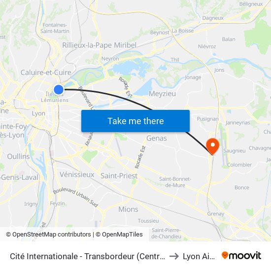 Cité Internationale - Transbordeur (Centre De Congrès) to Lyon Airport map