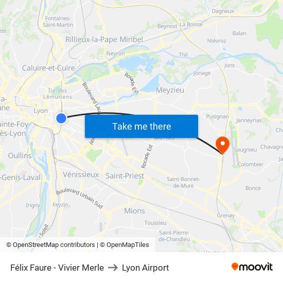 Félix Faure - Vivier Merle to Lyon Airport map