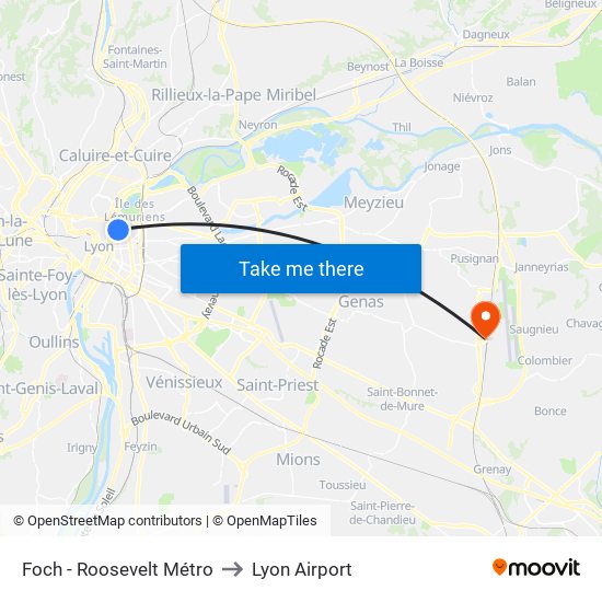 Foch - Roosevelt Métro to Lyon Airport map