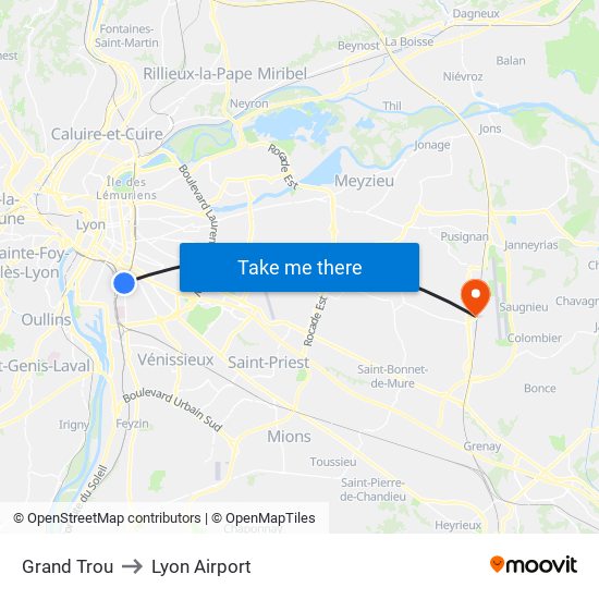 Grand Trou to Lyon Airport map