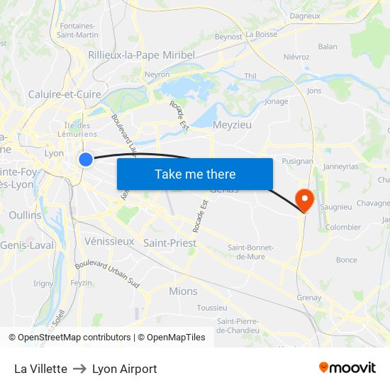 La Villette to Lyon Airport map