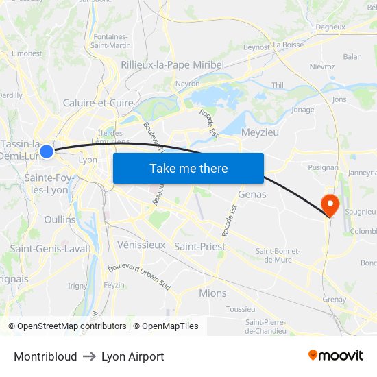 Montribloud to Lyon Airport map