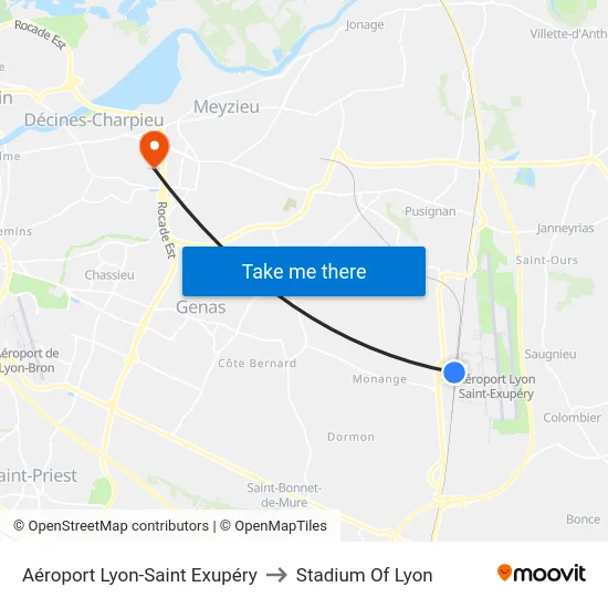 Aéroport Lyon-Saint Exupéry to Stadium Of Lyon map