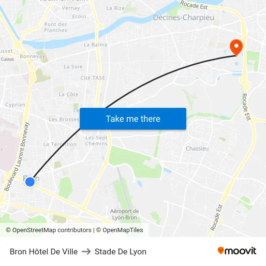 Bron Hôtel De Ville to Stade De Lyon map
