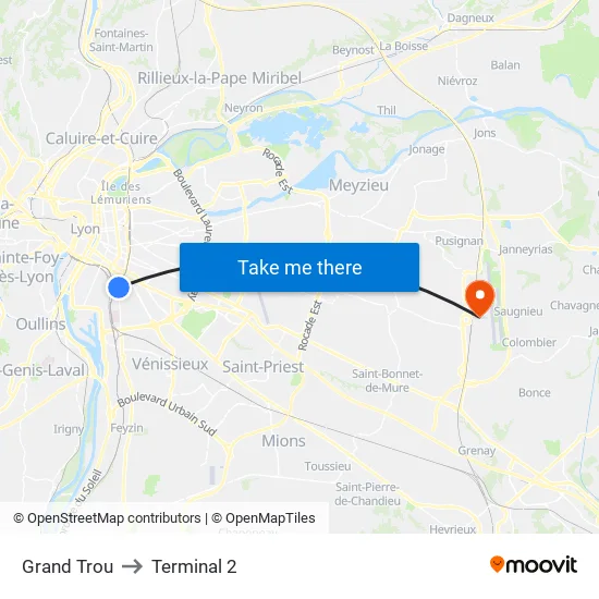 Grand Trou to Terminal 2 map