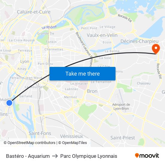 Bastéro - Aquarium to Parc Olympique Lyonnais map
