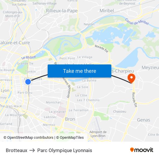 Brotteaux to Parc Olympique Lyonnais map