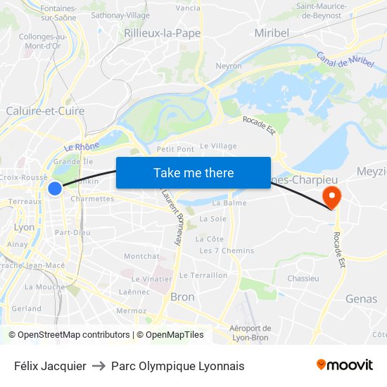 Félix Jacquier to Parc Olympique Lyonnais map