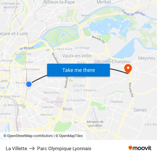 La Villette to Parc Olympique Lyonnais map