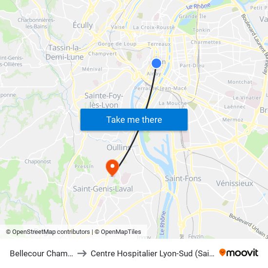 Bellecour Chambonnet to Centre Hospitalier Lyon-Sud (Sainte-Eugénie) map