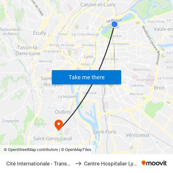 Cité Internationale - Transbordeur (Centre De Congrès) to Centre Hospitalier Lyon-Sud (Sainte-Eugénie) map