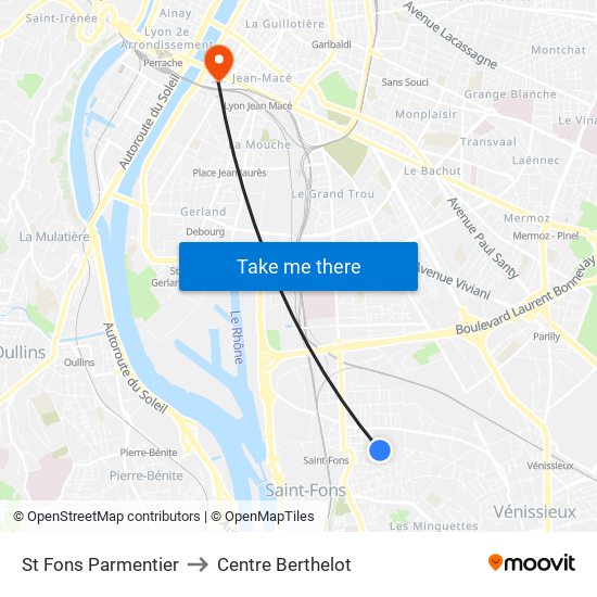 St Fons Parmentier to Centre Berthelot map