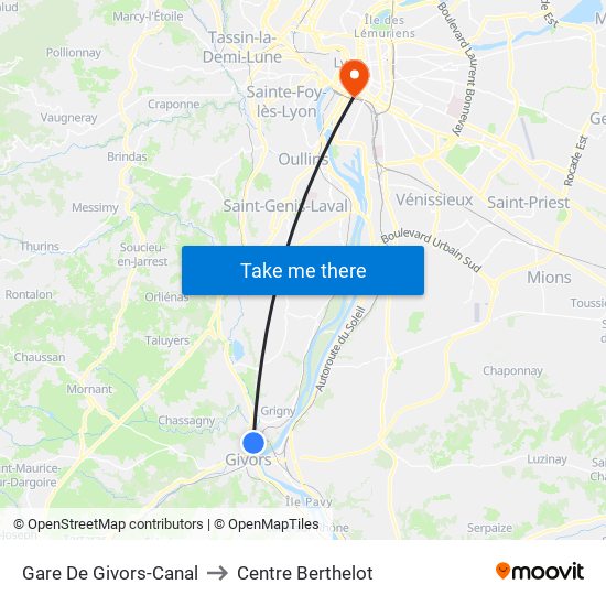 Gare De Givors-Canal to Centre Berthelot map