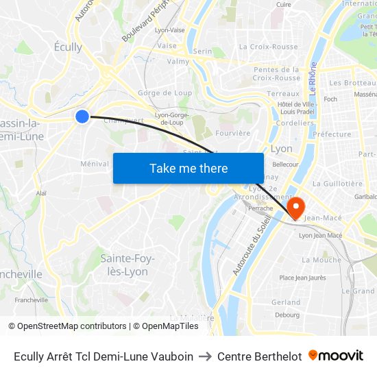 Ecully Arrêt Tcl Demi-Lune Vauboin to Centre Berthelot map