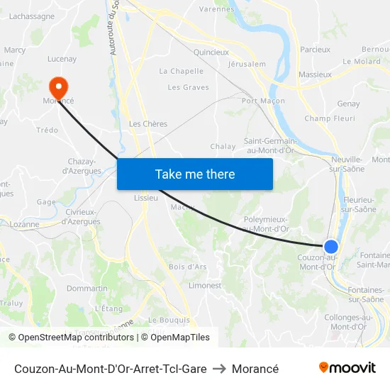 Couzon-Au-Mont-D'Or-Arret-Tcl-Gare to Morancé map
