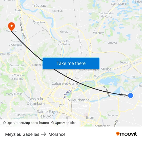 Meyzieu Gadelles to Morancé map