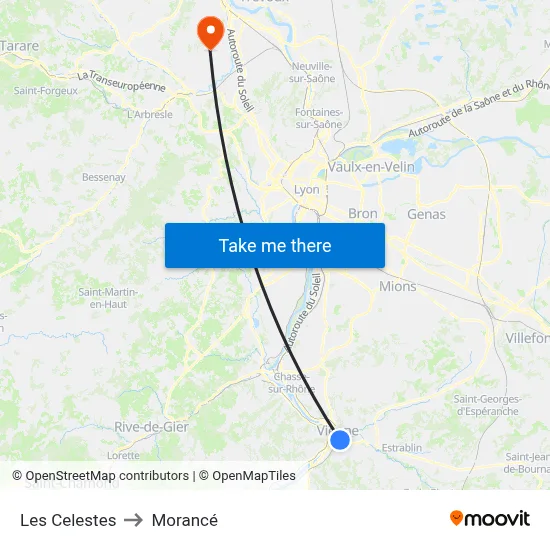 Les Celestes to Morancé map
