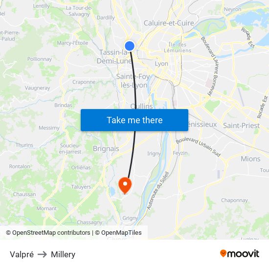Valpré to Millery map