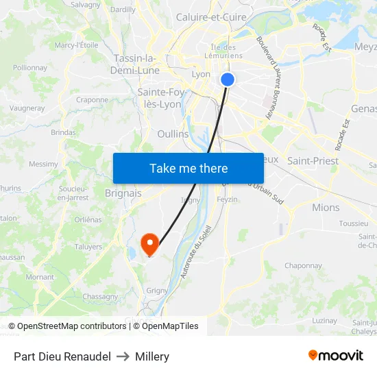 Part-Dieu Renaudel to Millery map