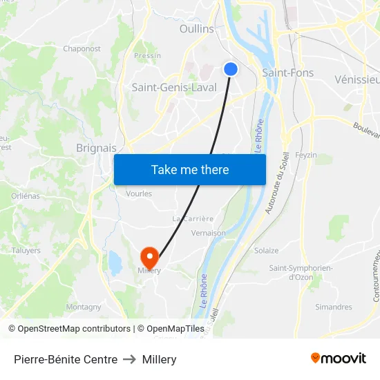 Pierre-Bénite Centre to Millery map