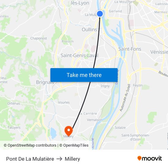 Pont De La Mulatière to Millery map