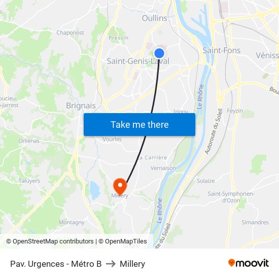 Pav. Urgences - Métro B to Millery map