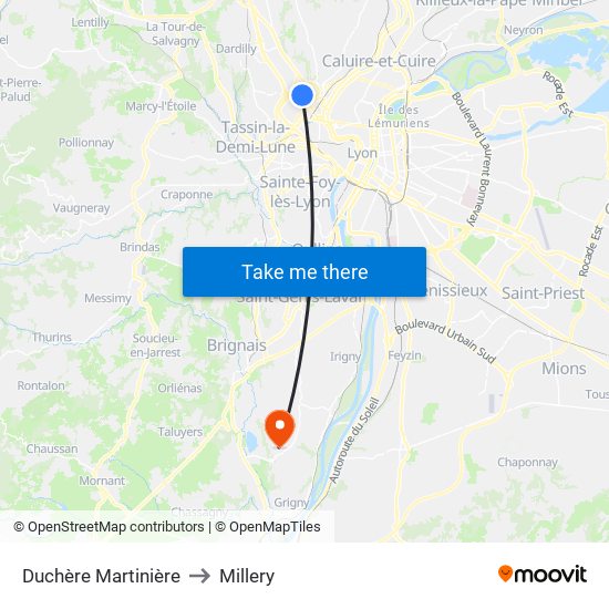 Duchère Martinière to Millery map