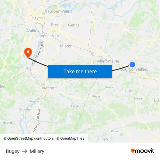 Bugey to Millery map
