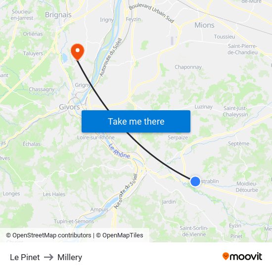 Le Pinet to Millery map