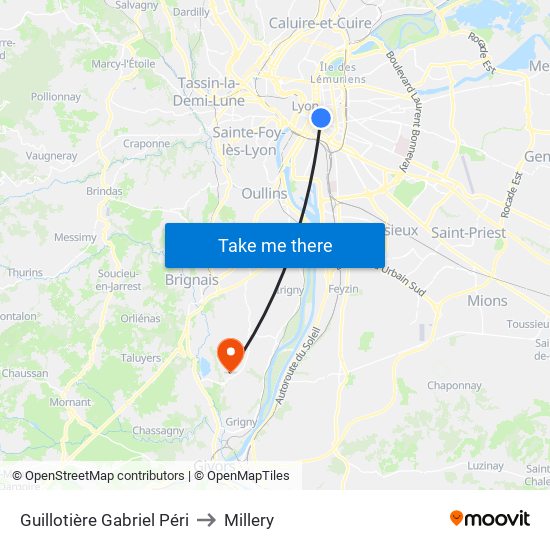 Guillotière Gabriel Péri to Millery map