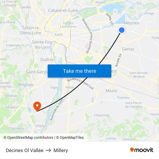 Décines Ol Vallée to Millery map