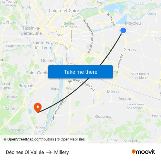 Décines Ol Vallée to Millery map