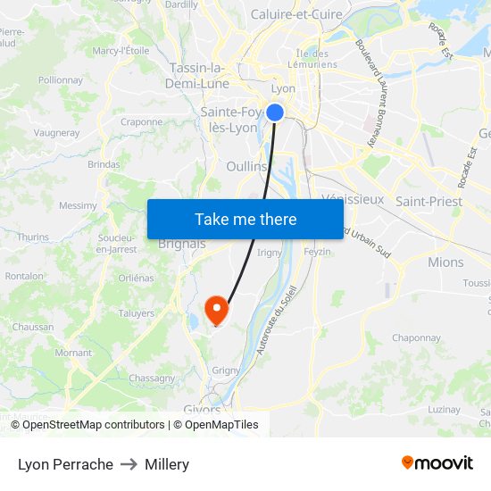 Lyon Perrache to Millery map