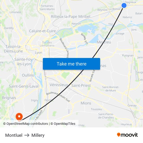 Montluel to Millery map