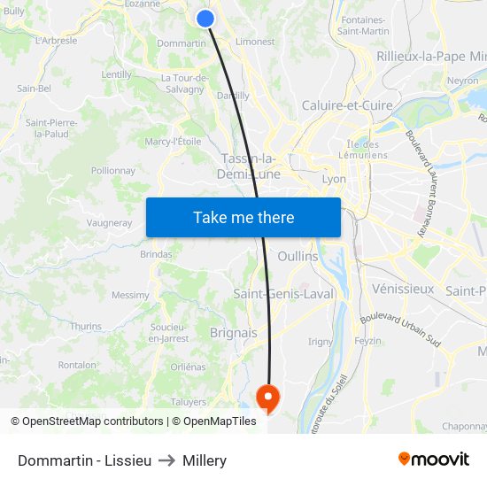 Dommartin - Lissieu to Millery map