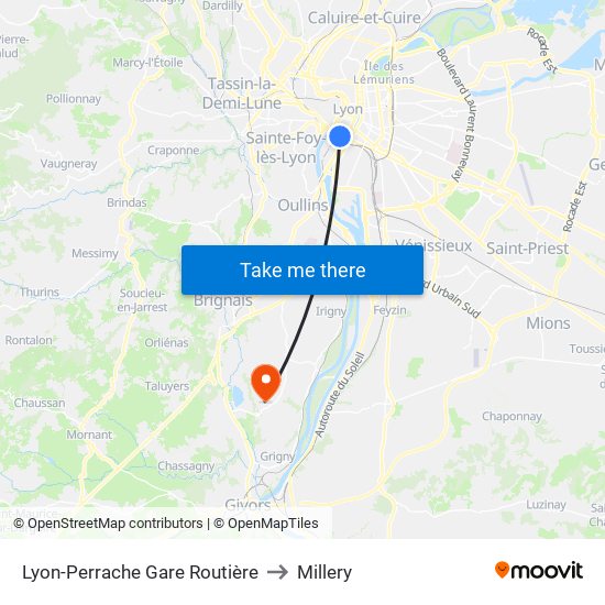 Lyon-Perrache Gare Routière to Millery map