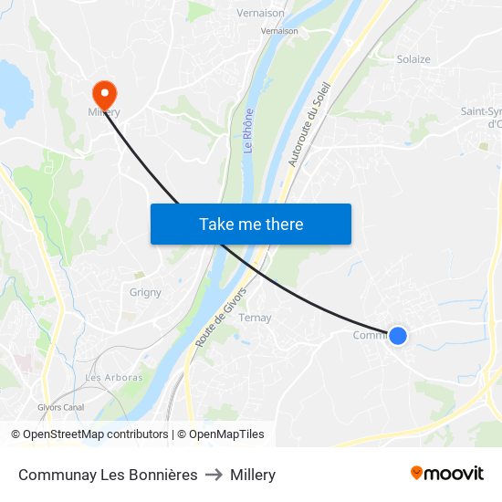 Communay Les Bonnières to Millery map