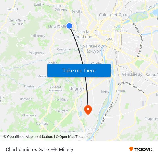 Charbonnières Gare to Millery map