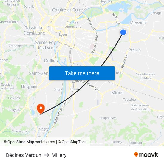 Décines Verdun to Millery map